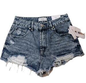 RISE Supply Festival Shorts Size 9 Dark Acid Wash Distressed Raw Hem Denim NWT